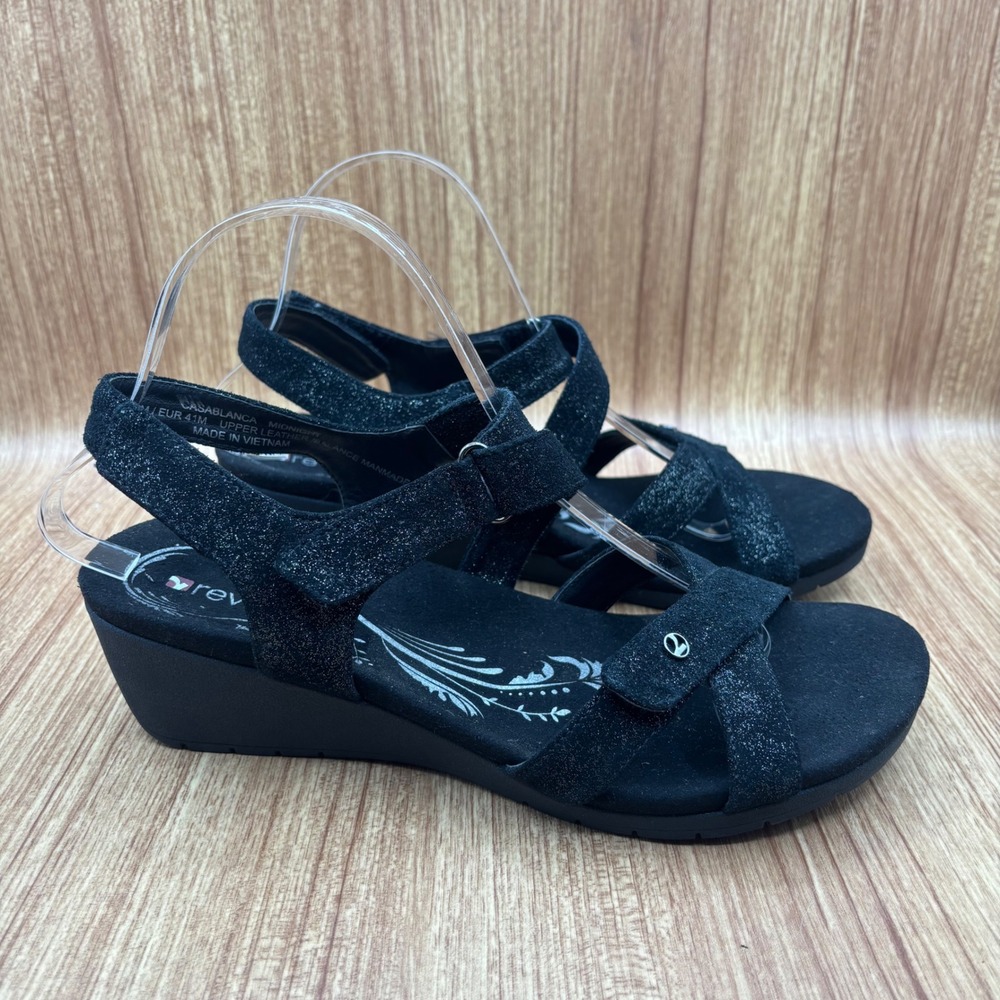 Revere Casablanca Wedge Sandals Womens 10 Midnight Black Shimmer Leather